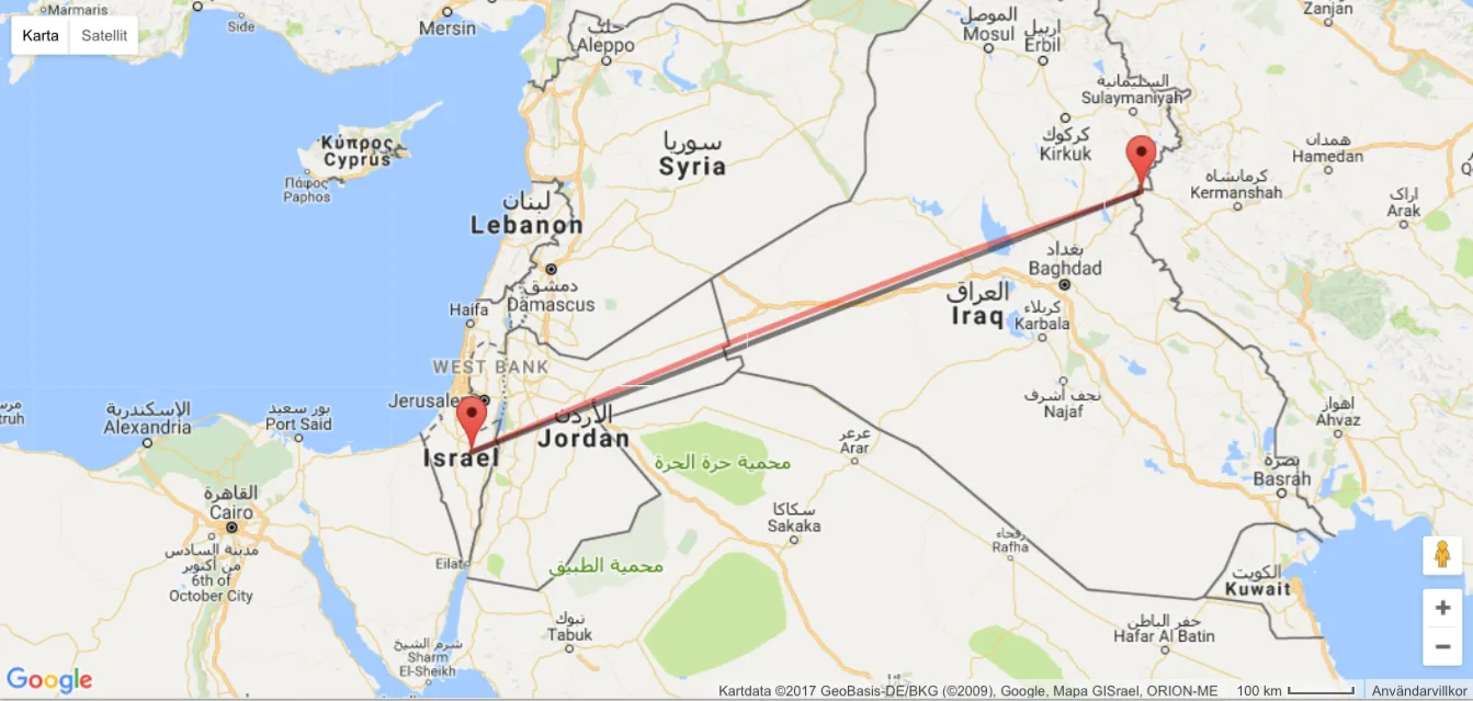 كم تبلغ المسافة بين إسرائيل وإيران؟